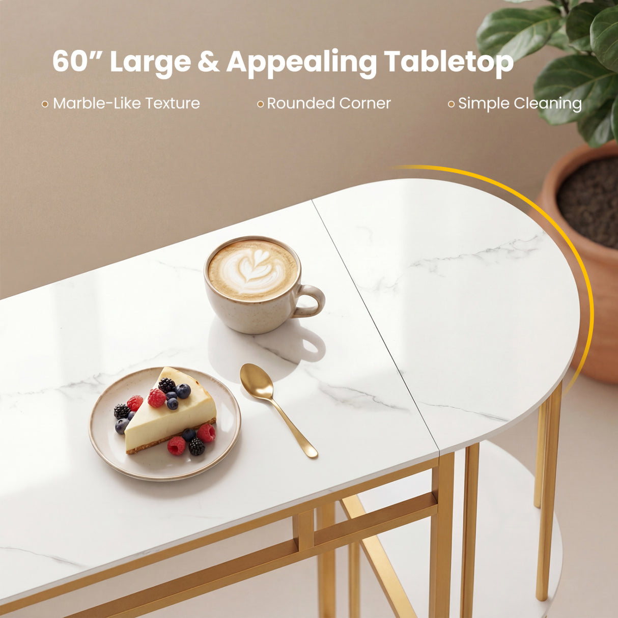 60 Inch Dining Table and 2 Upholstered Barstools with Faux Marble Tabletop-White