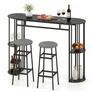 60 Inch Dining Table and 2 Upholstered Barstools with Faux Marble Tabletop-Gray
