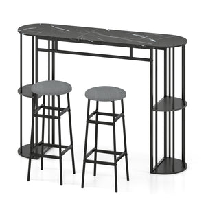 60 Inch Dining Table and 2 Upholstered Barstools with Faux Marble Tabletop-Gray