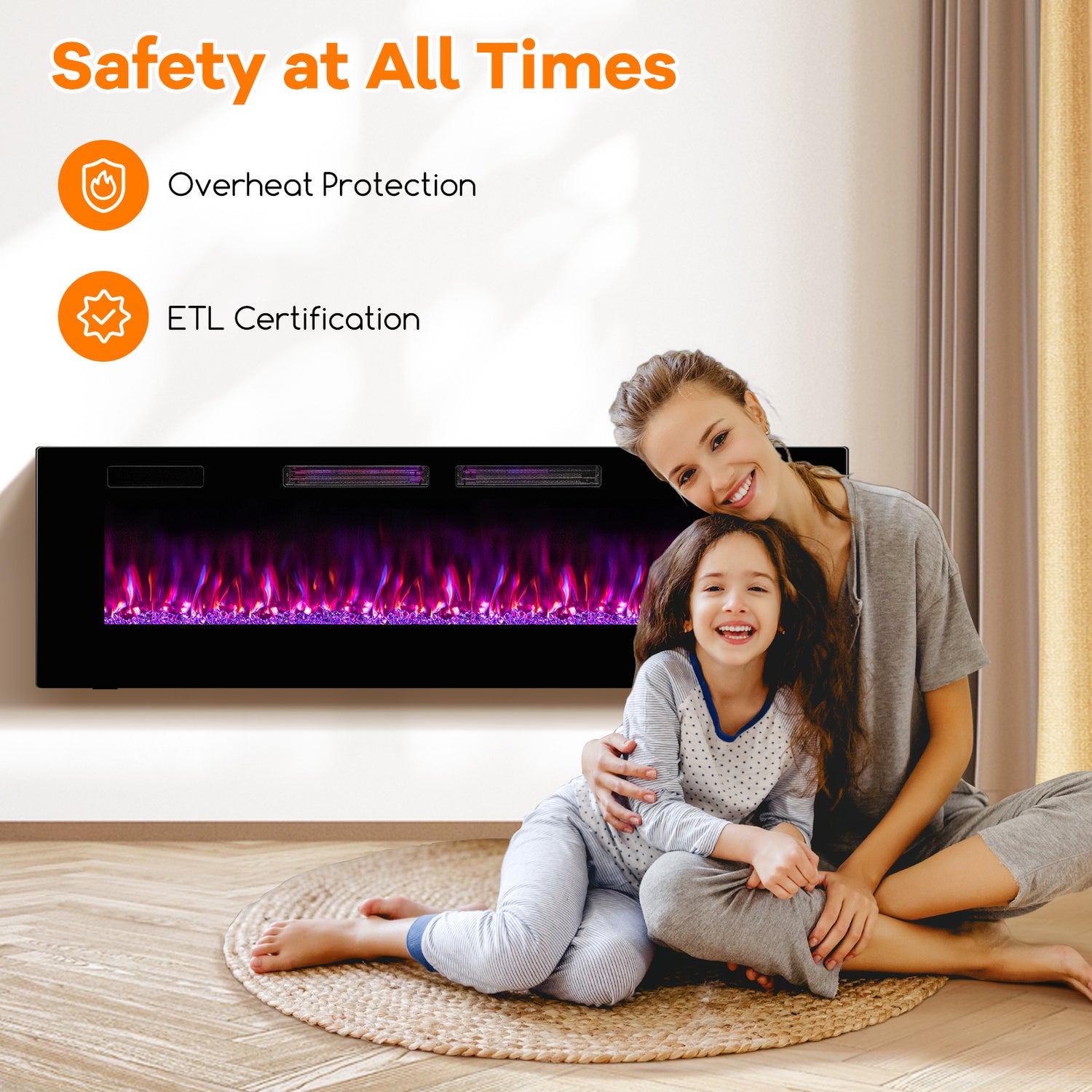 42/50/60/72 Inch Ultra-Thin Electric Fireplace with Decorative Crystals-60 inches