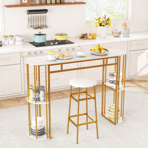 60 Inch Long Bar Table Narrow with Faux Marble Tabletop and Storage Shelves-White