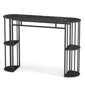 60 Inch Long Bar Table Narrow with Faux Marble Tabletop and Storage Shelves-Black
