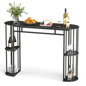 60 Inch Long Bar Table Narrow with Faux Marble Tabletop and Storage Shelves-Black