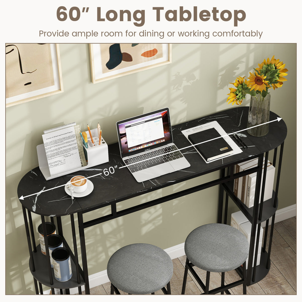 60 Inch Long Bar Table Narrow with Faux Marble Tabletop and Storage Shelves-Black