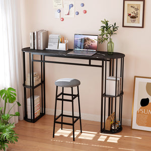 60 Inch Long Bar Table Narrow with Faux Marble Tabletop and Storage Shelves-Black
