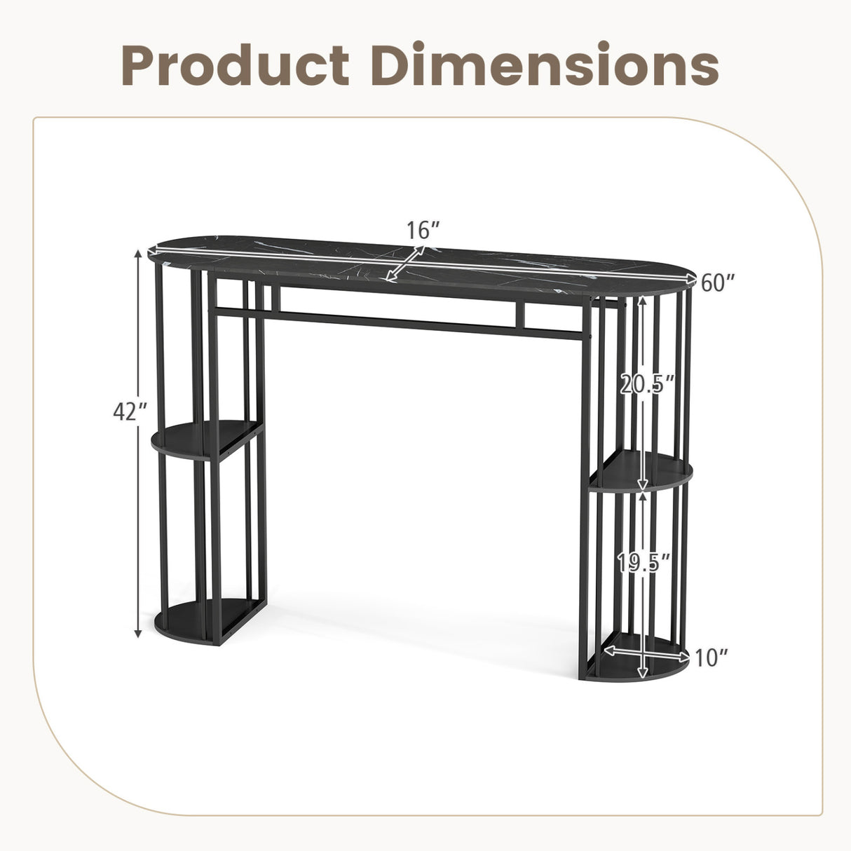 60 Inch Long Bar Table Narrow with Faux Marble Tabletop and Storage Shelves-Black