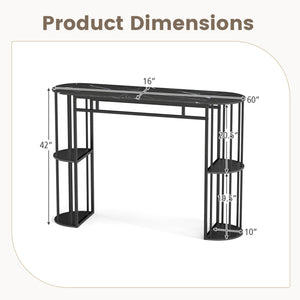 60 Inch Long Bar Table Narrow with Faux Marble Tabletop and Storage Shelves-Black