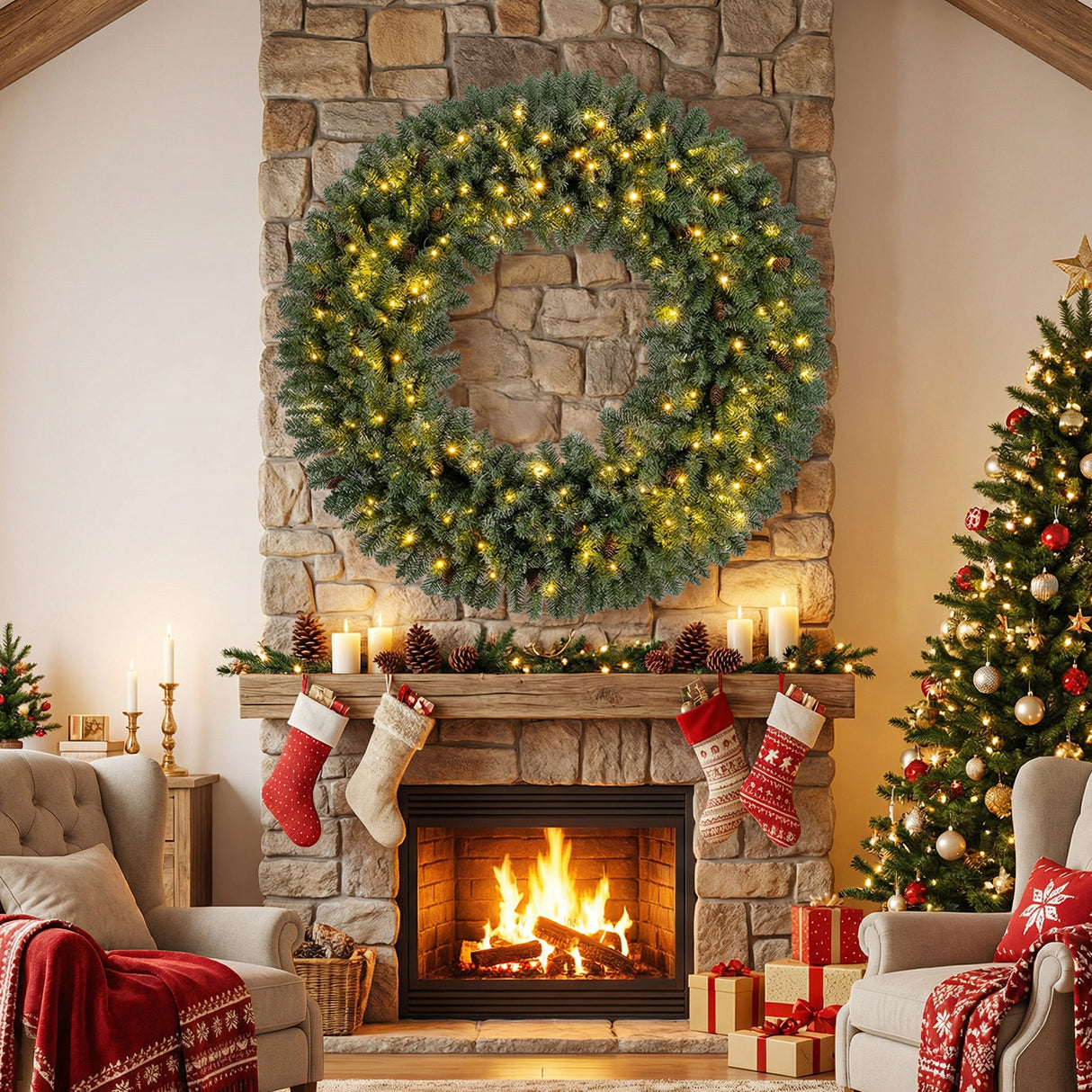 60 Inch Pre-Lit Artificial Christmas Wreath 200 LED Warm White Lights-1 Piece