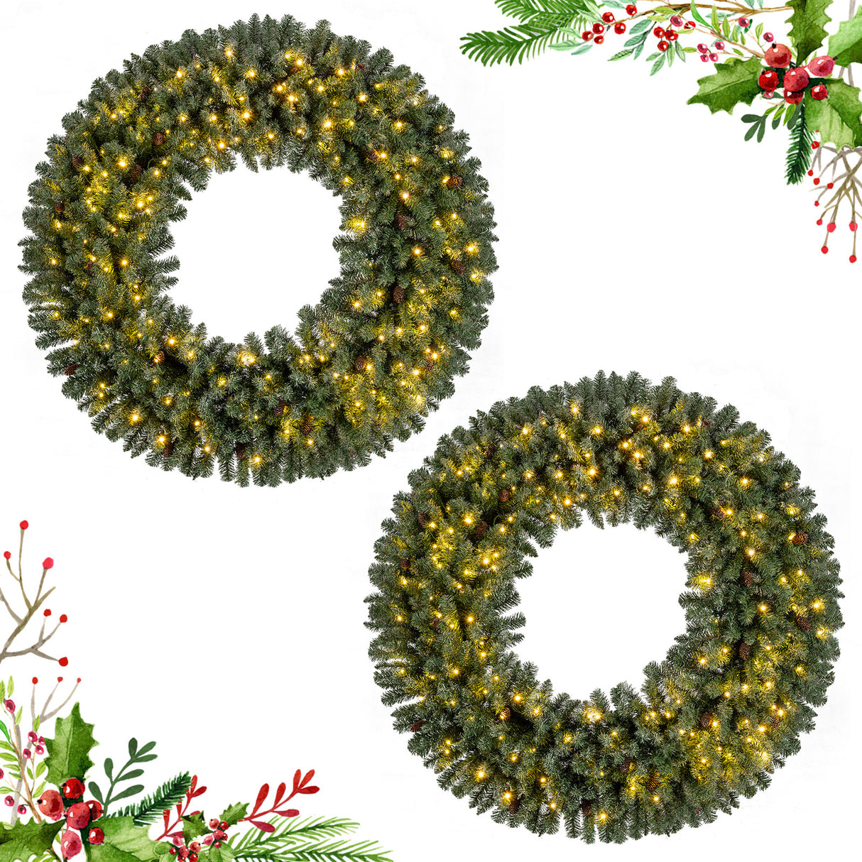 60 Inch Pre-Lit Artificial Christmas Wreath 200 LED Warm White Lights-Set of 2