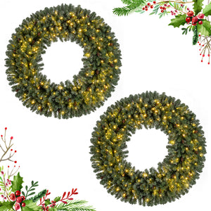 60 Inch Pre-Lit Artificial Christmas Wreath 200 LED Warm White Lights-Set of 2
