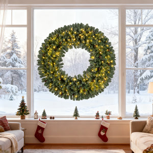 60 Inch Pre-Lit Artificial Christmas Wreath 200 LED Warm White Lights-Set of 2