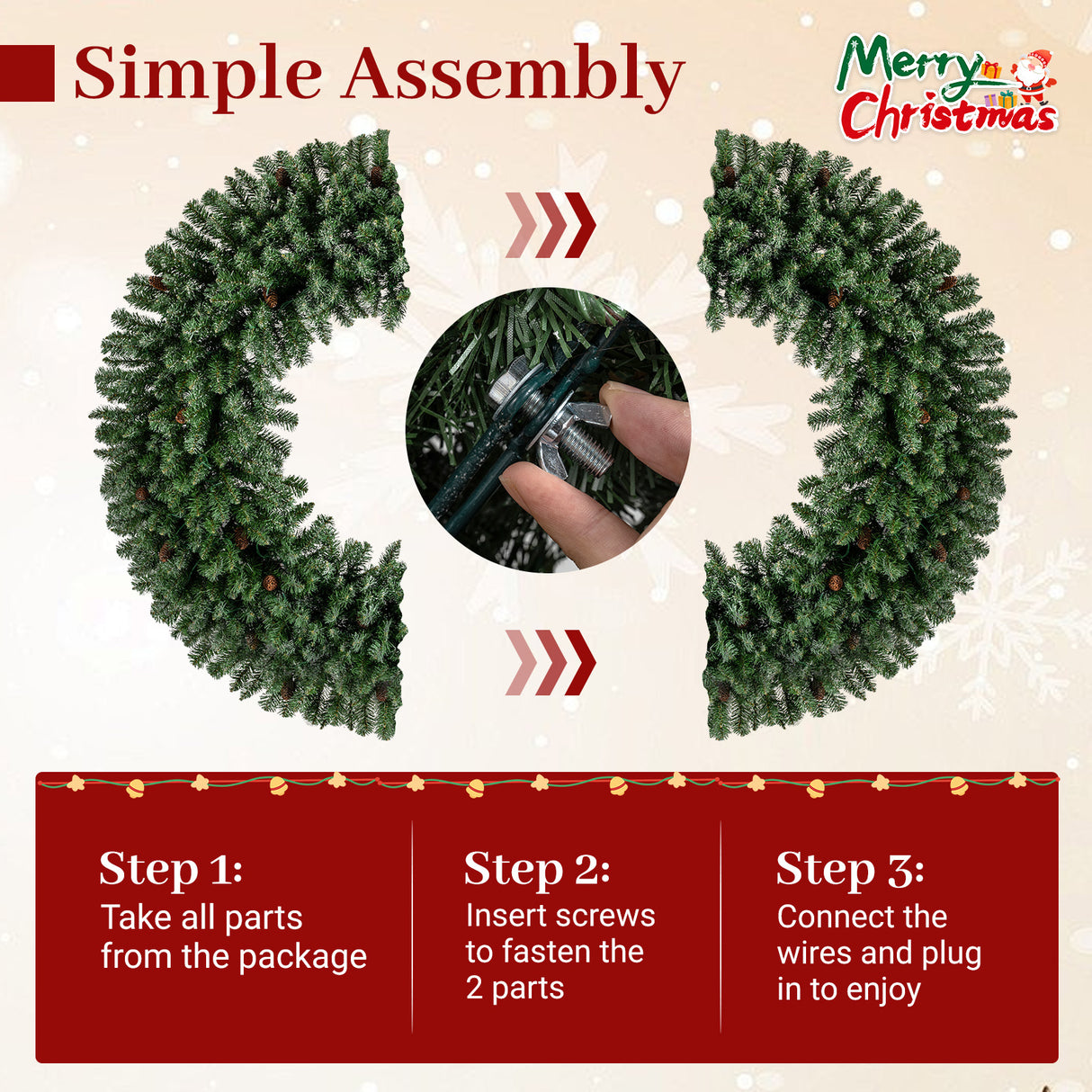 60 Inch Pre-Lit Artificial Christmas Wreath 200 LED Warm White Lights-Set of 2
