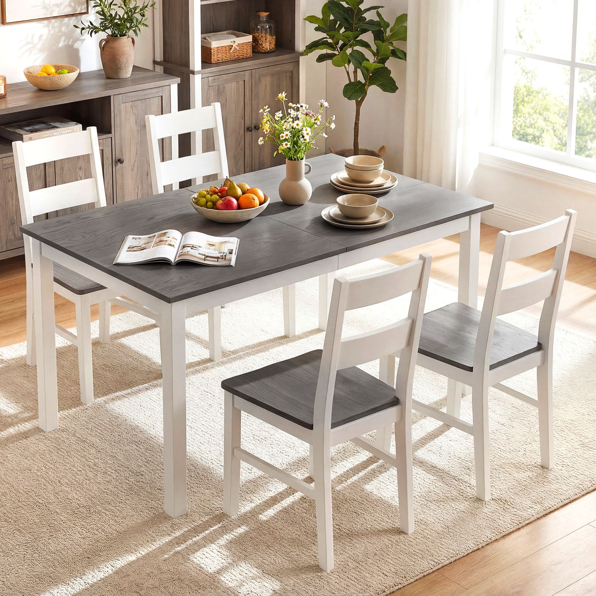 60 Inch Rectangular Dinner Table with Solid Rubber Wood Legs-Gray