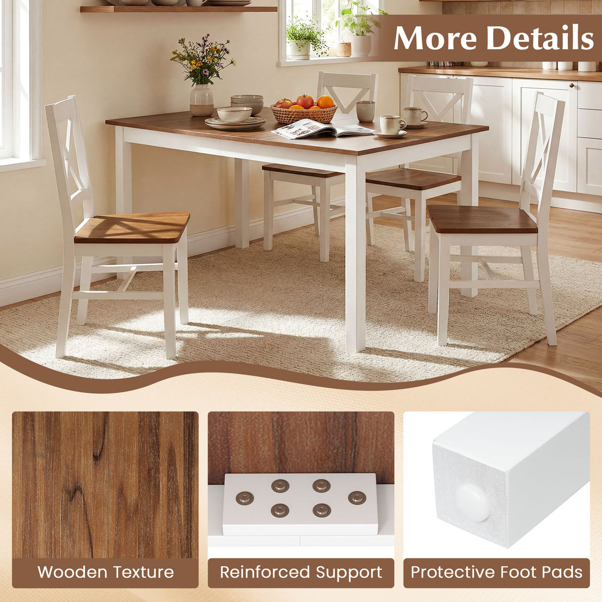 60 Inch Rectangular Dinner Table with Solid Rubber Wood Legs-Brown