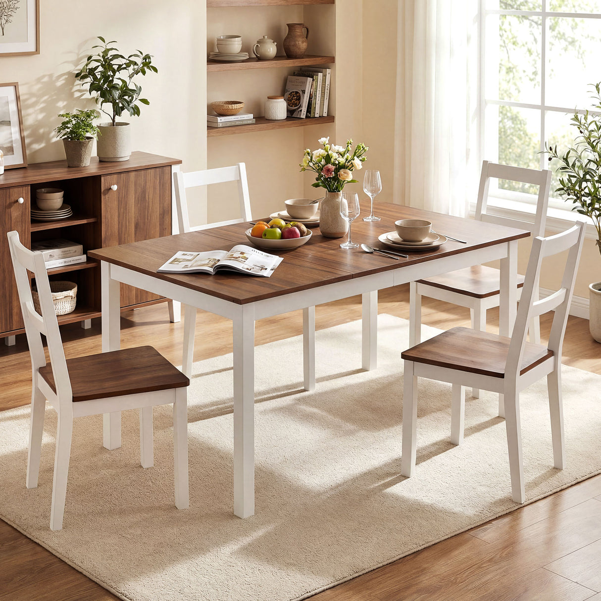 60 Inch Rectangular Dinner Table with Solid Rubber Wood Legs-Brown