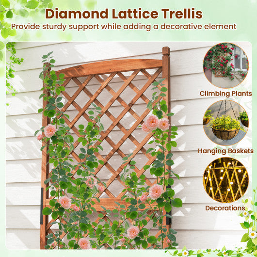 60 Inch Tall Raised Garden Bed with Diamond Lattice Trellis and Drainage Holes-Brown