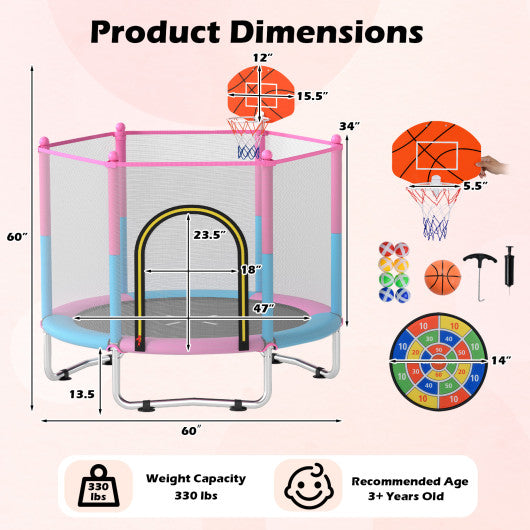 60 inch Kids Trampoline Toddler Recreational Trampoline with Basketball Hoop-Macaron