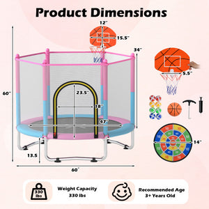 60 inch Kids Trampoline Toddler Recreational Trampoline with Basketball Hoop-Macaron