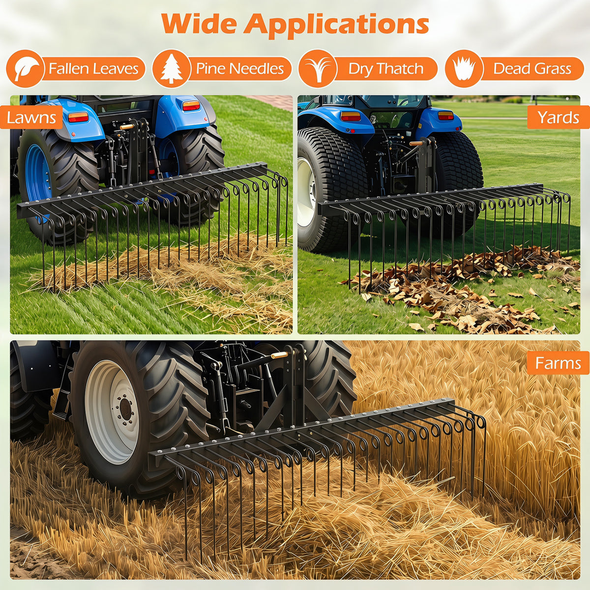 60 inch Pine Straw Rake Tow Behind Landscape Rake with 26 Metal Coil Tines-Black