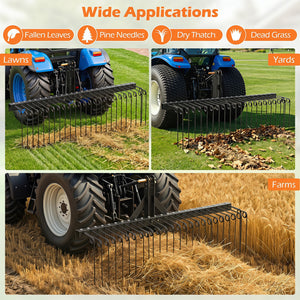 60 inch Pine Straw Rake Tow Behind Landscape Rake with 26 Metal Coil Tines-Black