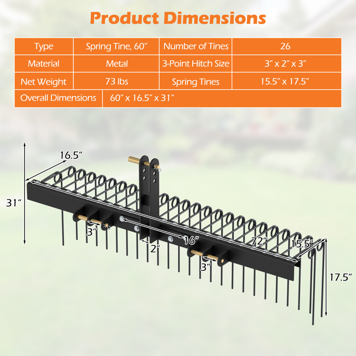 60 inch Pine Straw Rake Tow Behind Landscape Rake with 26 Metal Coil Tines-Black