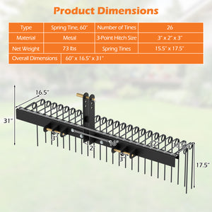 60 inch Pine Straw Rake Tow Behind Landscape Rake with 26 Metal Coil Tines-Black