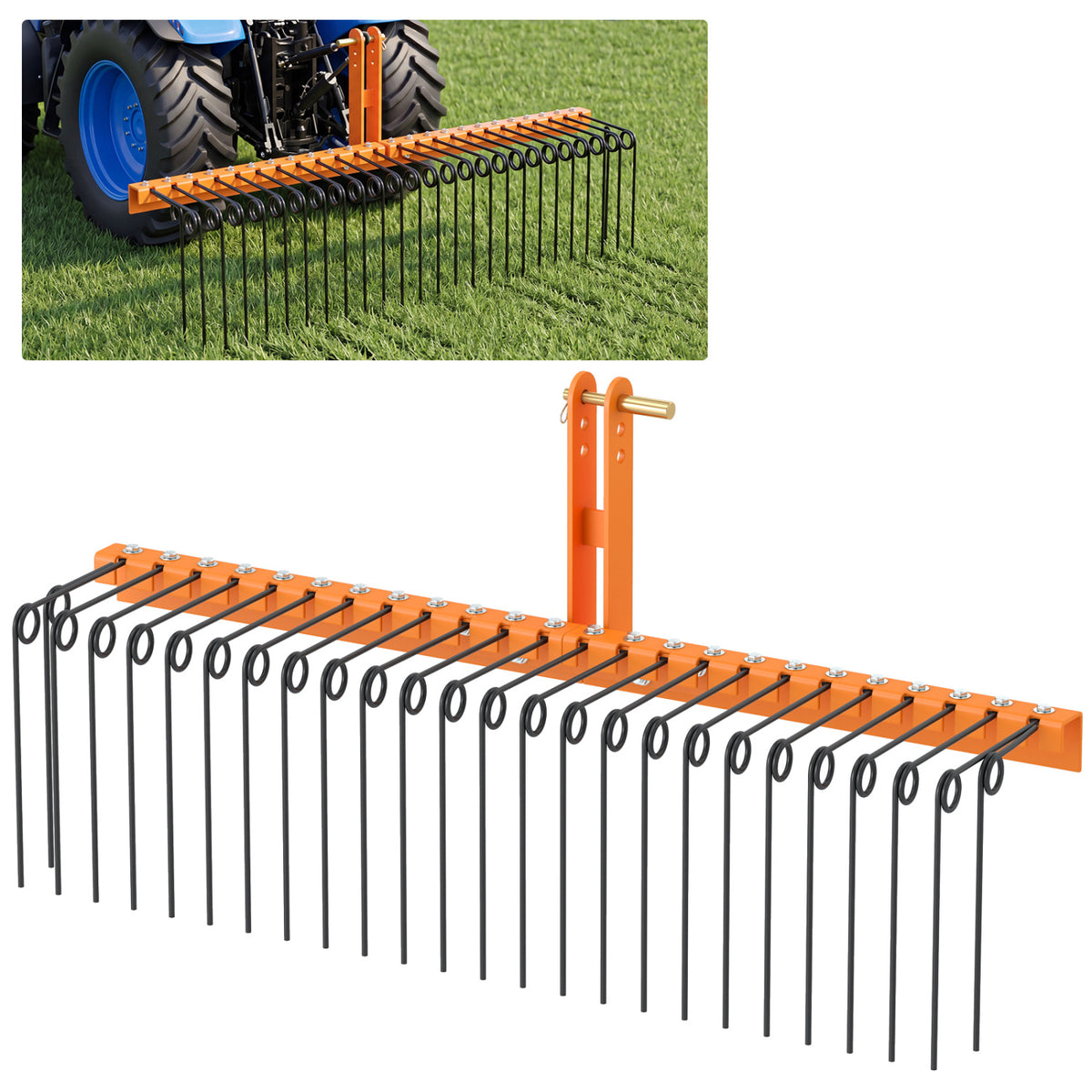 60 inch Pine Straw Rake Tow Behind Landscape Rake with 26 Metal Coil Tines-Orange