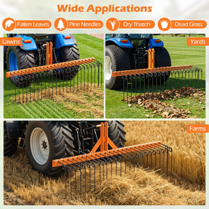 60 inch Pine Straw Rake Tow Behind Landscape Rake with 26 Metal Coil Tines-Orange