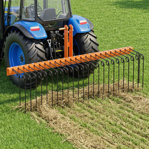 60 inch Pine Straw Rake Tow Behind Landscape Rake with 26 Metal Coil Tines-Orange