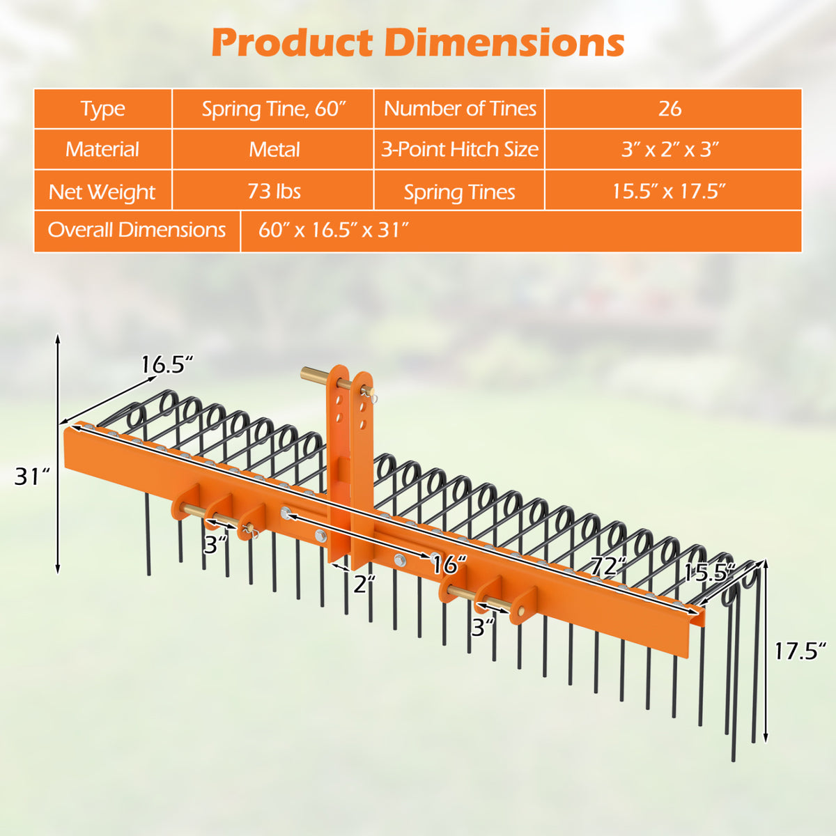 60 inch Pine Straw Rake Tow Behind Landscape Rake with 26 Metal Coil Tines-Orange
