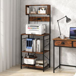 60 Inch Tall Microwave Stand with Open Shelves and 10 Hanging Hooks-Rustic Brown