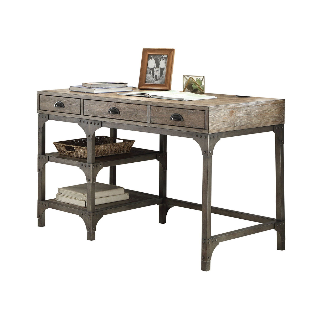 Gorden - Weathered Antique Metal Writing Desk - Oak by Couch.com