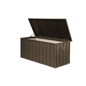 100 Gallon Waterproof Outdoor Deck Box, Steel, Lockable Patio Storage for Cushions and Garden Tools, Dark Brown
