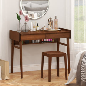 Bamboo Writing Desk with 2 Storage Drawers and Open Shelf-Walnut