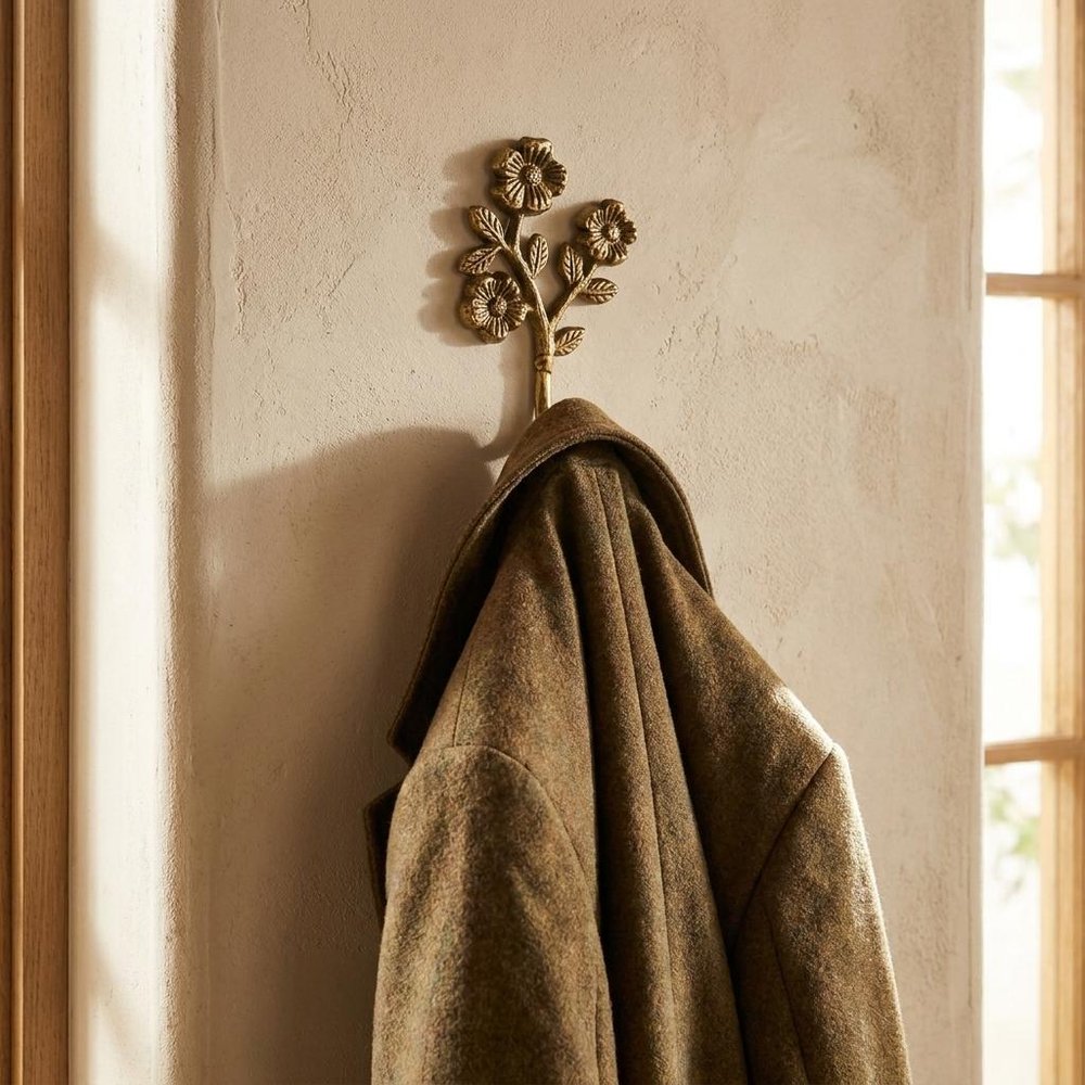 4" Antiqued Gold Cast Iron Flower Wall Hook