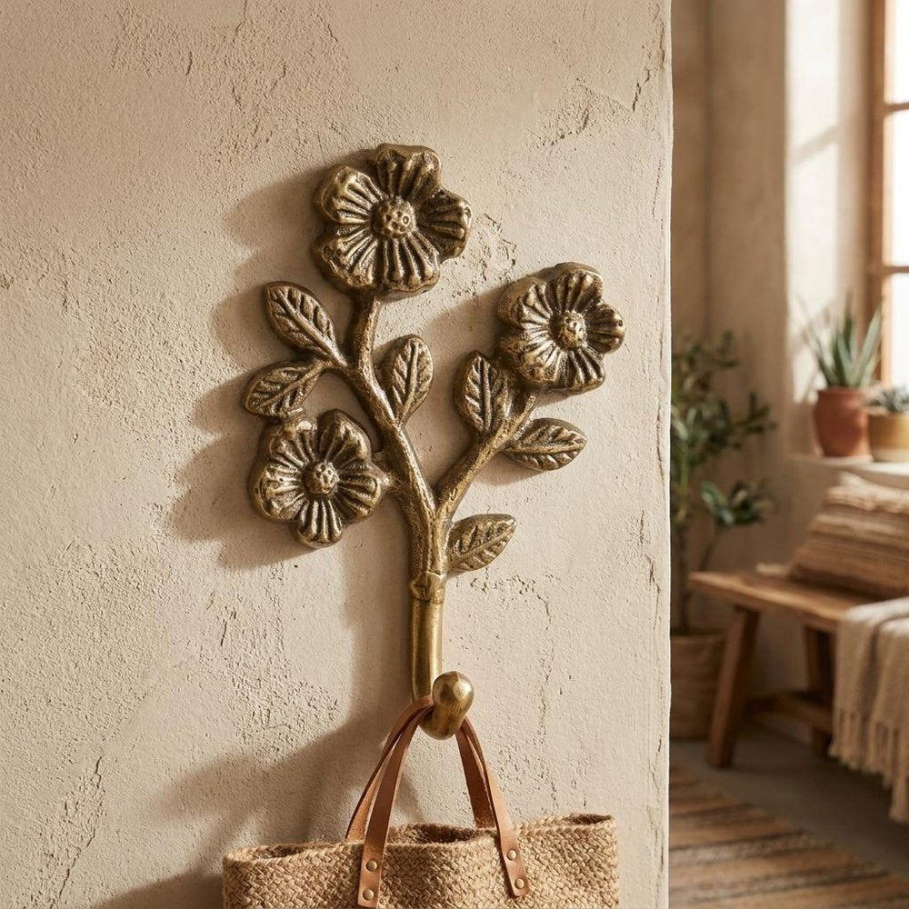 4" Antiqued Gold Cast Iron Flower Wall Hook