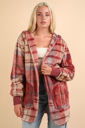 Colorful Fuzzy Plaid Long Sleeve Hooded Jacket Warm & Trendy Outerwear for Cold Days