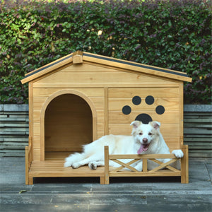 Wooden Dog House Outdoor With Porch, Dog Kennel With Water Resistant Asphalt Roof And Fencing, Indoor & Outdoor Dog Crate With Paw Print, Medium - Nature by Couch.com
