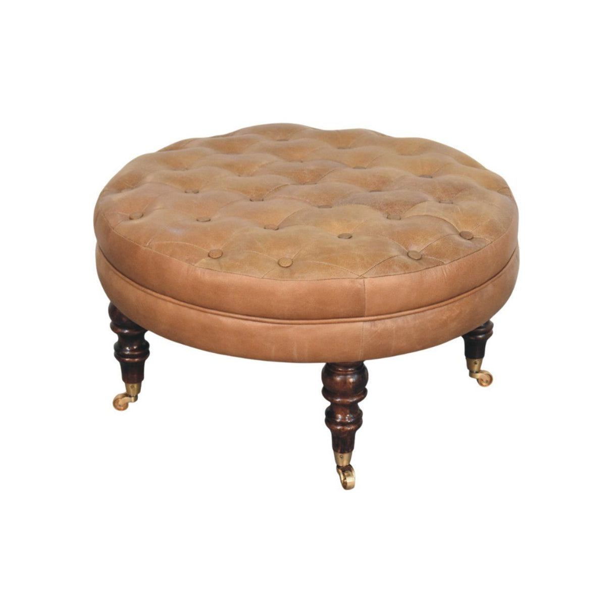 Buffalo - Leather Round Ottoman With Castor Legs - Brown by Couch.com