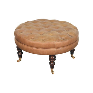 Buffalo - Leather Round Ottoman With Castor Legs - Brown by Couch.com