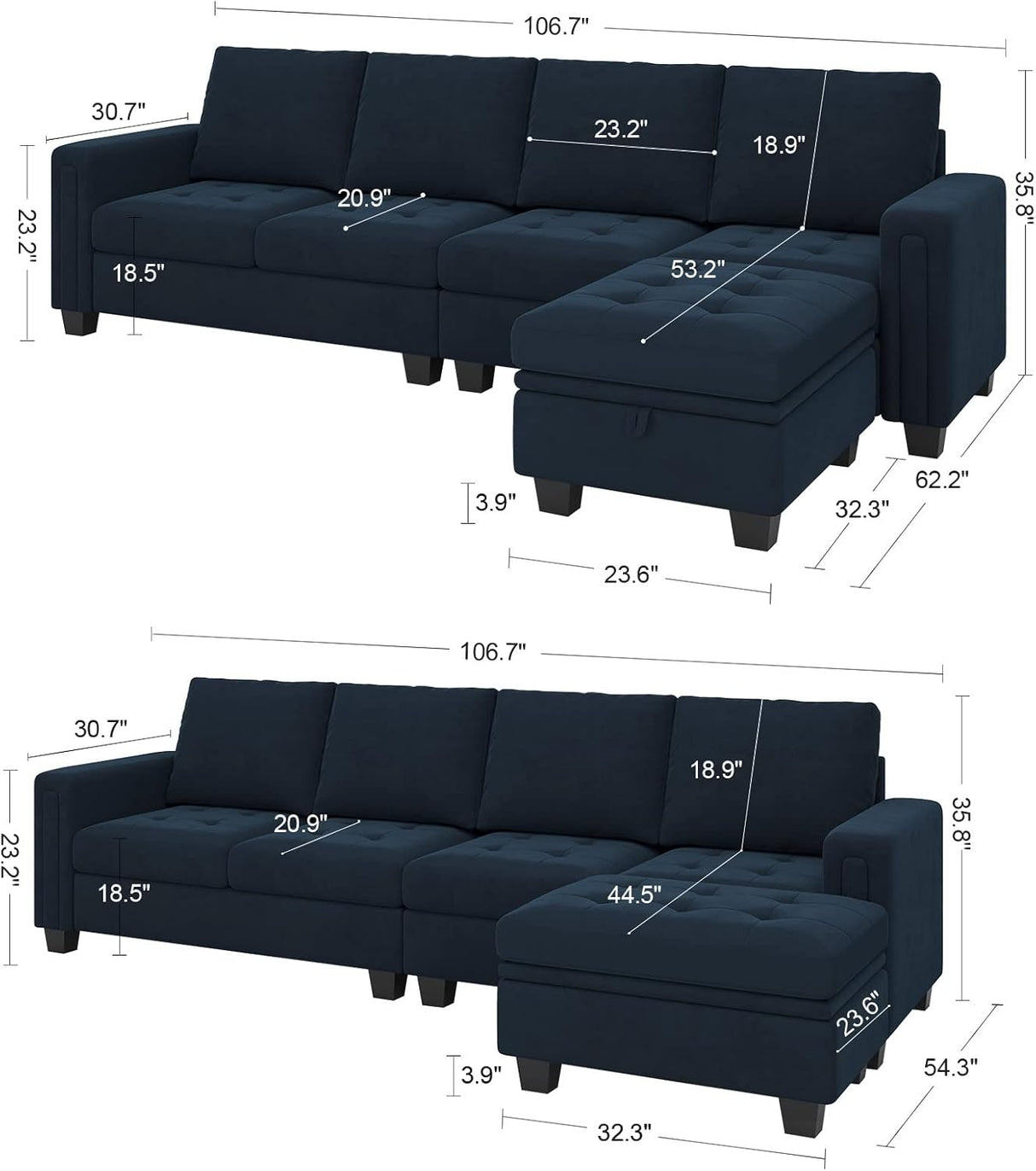 There are two images of the Belffin Reversible Sectional Convertible Storage sofa in dark blue, accompanied by a chaise lounge. The first image provides detailed dimensions such as seat height and chaise length, while the second image showcases an alternative configuration with rearranged chaise dimensions.
