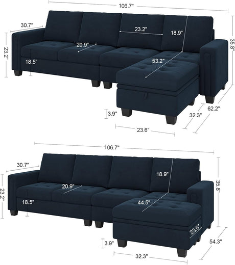 There are two images of the Belffin Reversible Sectional Convertible Storage sofa in dark blue, accompanied by a chaise lounge. The first image provides detailed dimensions such as seat height and chaise length, while the second image showcases an alternative configuration with rearranged chaise dimensions.