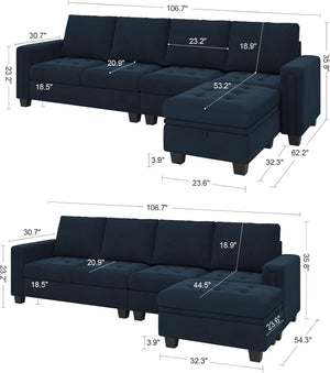 There are two images of the Belffin Reversible Sectional Convertible Storage sofa in dark blue, accompanied by a chaise lounge. The first image provides detailed dimensions such as seat height and chaise length, while the second image showcases an alternative configuration with rearranged chaise dimensions.