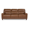 The Draper Sofa is a brown leather piece featuring three cushioned seats and matching armrests, all supported by short wooden legs. It boasts a sleek, modern design that looks both comfortable and spacious.