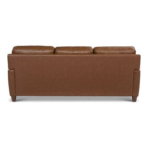 The Draper Sofa, showcased against a white background, is a brown leather piece with three seat sections and wooden legs, viewed from the back.