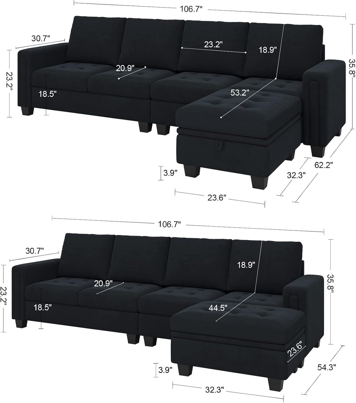 The images showcase the Belffin Reversible Sectional Convertible Storage in a dark color, featuring detailed dimensions. The top view presents the sectional sofa with a detached ottoman, while the bottom view displays it with the ottoman attached. Dimensions provided include seat depth, height, and overall length.
