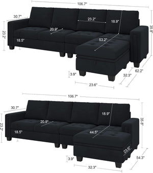 The images showcase the Belffin Reversible Sectional Convertible Storage in a dark color, featuring detailed dimensions. The top view presents the sectional sofa with a detached ottoman, while the bottom view displays it with the ottoman attached. Dimensions provided include seat depth, height, and overall length.