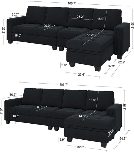The images showcase the Belffin Reversible Sectional Convertible Storage in a dark color, featuring detailed dimensions. The top view presents the sectional sofa with a detached ottoman, while the bottom view displays it with the ottoman attached. Dimensions provided include seat depth, height, and overall length.