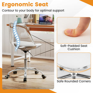 Armless Rolling Office Chair with Swivel Seat and PU Leather Cushion-Clear