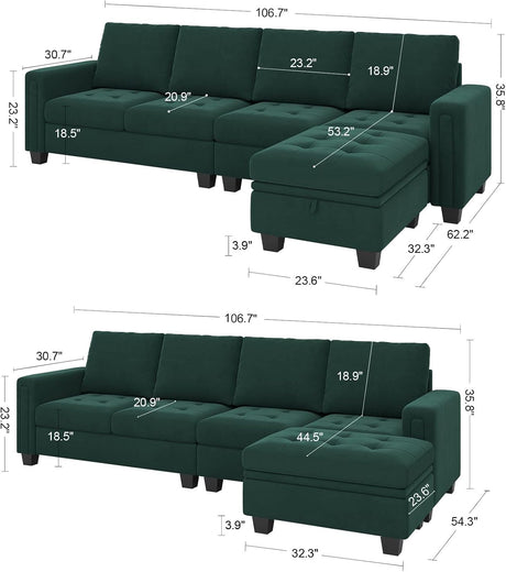 The Belffin Reversible Sectional Convertible Storage sofa comes in two configurations of a dark green sectional design. The first configuration includes a chaise on the right side, while the second features a chaise on the left. Both configurations display specific measurements for length, width, and height for each section.
